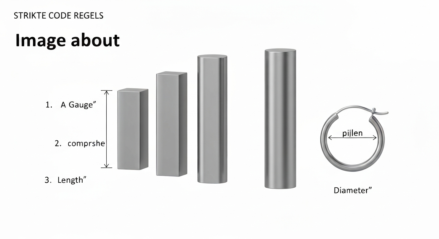Piercingmaten uitgelegd: dikte (gauge), lengte en diameter in normale mensentaal.
Piercingmaten uitgelegd: dikte (gauge), lengte en diameter in normale mensentaal.