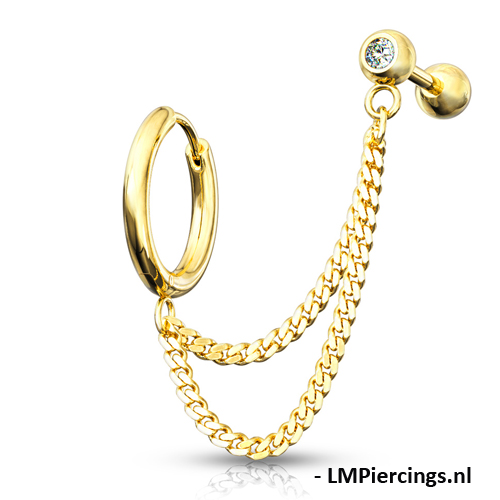 Helix piercing dubbele ketting met oorbel ring gold plated