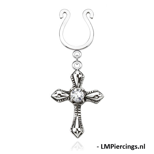 Fake tepelpiercing Cross Dangle with Small CZ Clip On