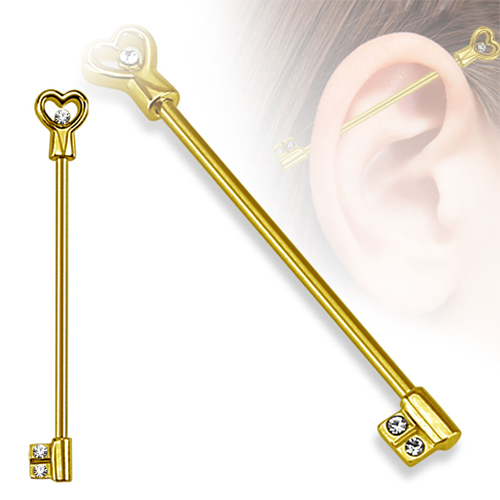 Industrial piercing hart met sleutel gold plated
