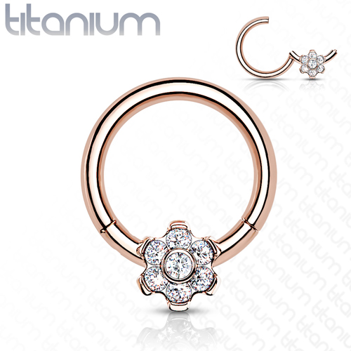 High Quality titanium clicker front flower gemmed 1.2x8mm rose gold plated