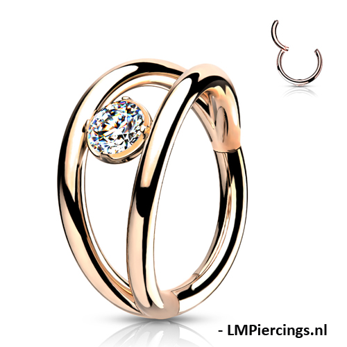 Piercing High Quality Double Hoop met CZ steen rose gold plated 10mm