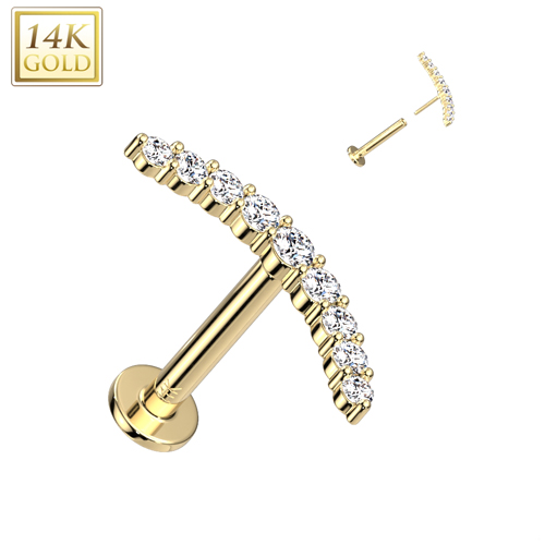 Piercing push in 1.2x8mm CZ Paved Curved Line Top 14kt goud