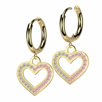 Oorbellen PVD hartje hanger met 2 kleuren steentjes 0.8