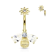 Navelpiercing bij met steentjes in vleugel en hoofd met bloemen top