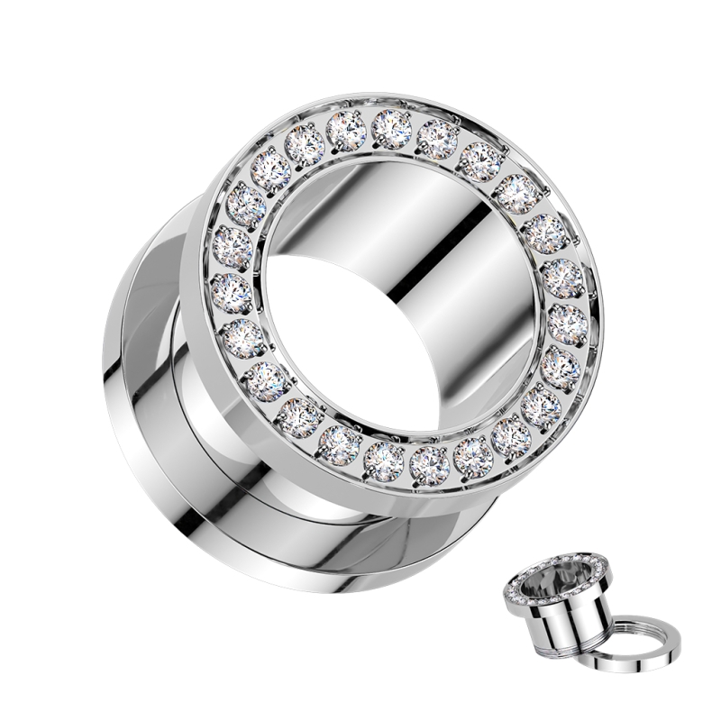 Tunnel titanium Screw-fit tunnel zilver met witte steentjes - 14 mm Tunnel titanium Screw-fit tunnel zilver met witte steentjes - 14 mm