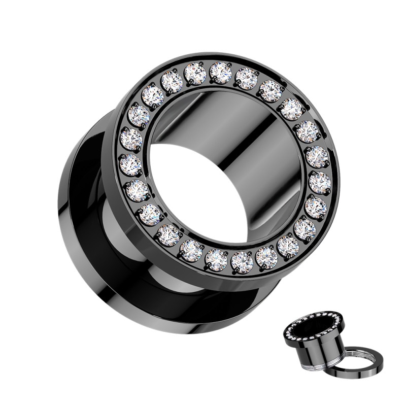 Tunnel titanium Screw-fit tunnel zwart met witte steentjes - 16 mm Tunnel titanium Screw-fit tunnel zwart met witte steentjes - 16 mm