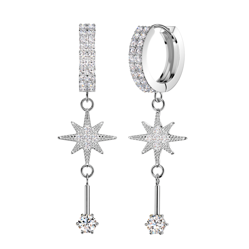 Oorbellen ringetje dubbele steentjes hanger starburst 0.8x10 - zilver Oorbellen ringetje dubbele steentjes hanger starburst 0.8x10 - zilver